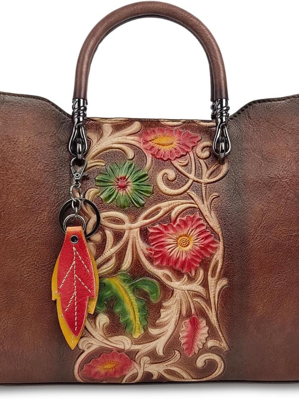 Genuine Leather Vintage Embossed Handbag for Women - Artisanal Cowhide Floral Cr